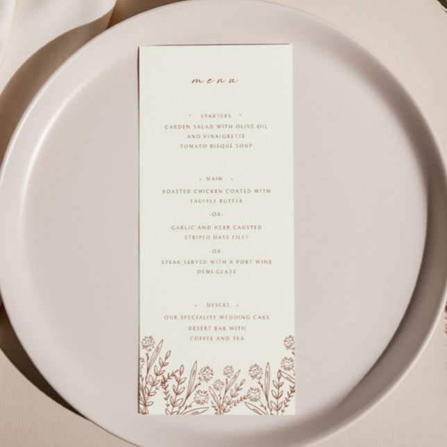 Elegant WildblomBeige Bröllop Dinner Menu Meny (Skapare uppladdad)