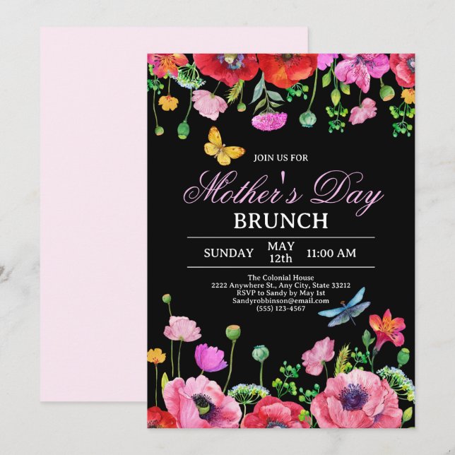 Elegant WildblomBlack Chic Mors dag Brunch Inbjudningar (Fram/baksida)