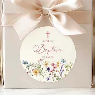 Elegant WildblomBlommigt Baptism Runt Klistermärke