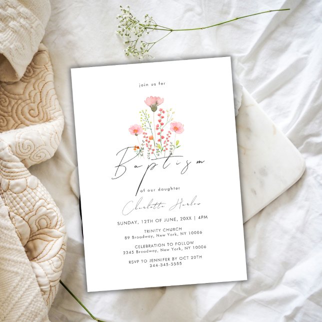 Elegant WildblomBlommigt Calligraphy Baptism Inbjudningar (Elegant Wildflower Floral Calligraphy Baptism Invitation)