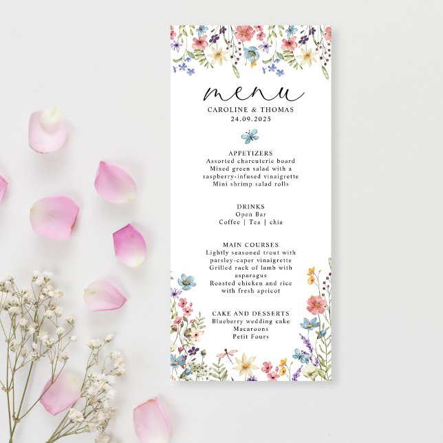 Elegant Wildblombloom Romantic Script Bröllop Meny (Skapare uppladdad)