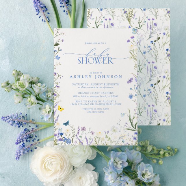 Elegant WildblomBlue Gender Neutral Baby Shower Inbjudningar (Easily personalize this sweet baby shower invitation with your unique details)