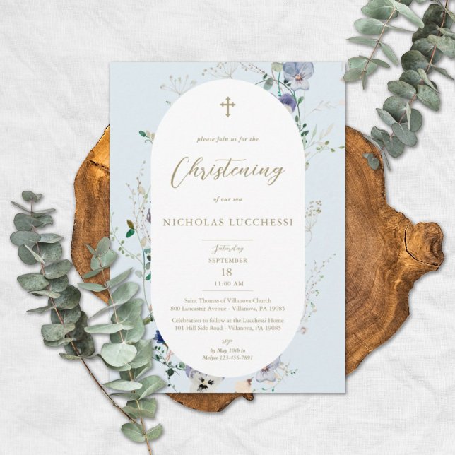 Elegant WildblomBlue Oval Ram Boy Christening Inbjudningar (Skapare uppladdad)