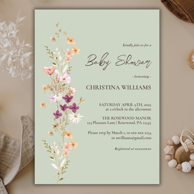 Elegant WildblomBoho Sage Baby Shower Inbjudningar (Skapare uppladdad)