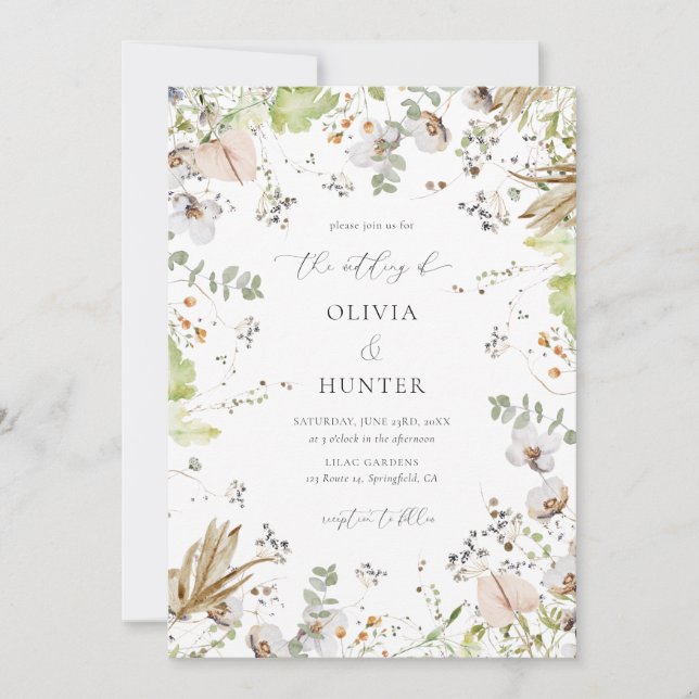 Elegant Wildblomcalligraphy Bröllop Inbjudningar (Framsida)