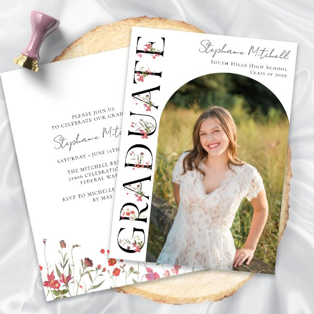 Elegant Wildblomfoto-Studentfest Inbjudningar (Elegant Wildflower Photo Graduation Party Invitation)