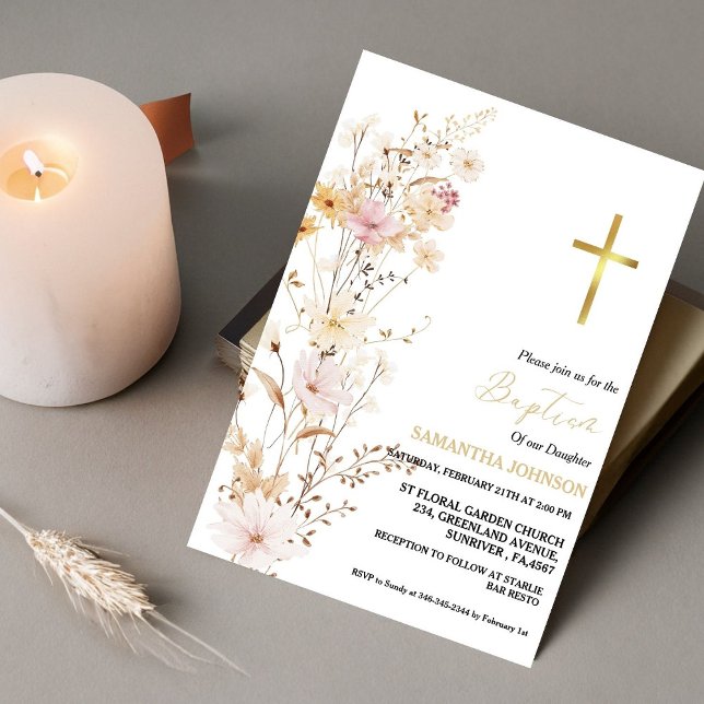 Elegant WildblomGirl Baptism Christening Inbjudningar (Skapare uppladdad)