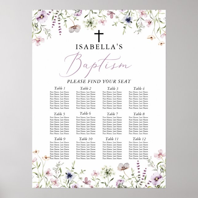 Elegant WildblomGirl Baptism Sittdiagram Poster (Framsidan)