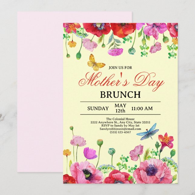 Elegant WildblomGult Chic Mors dag Brunch Inbjudningar (Fram/baksida)