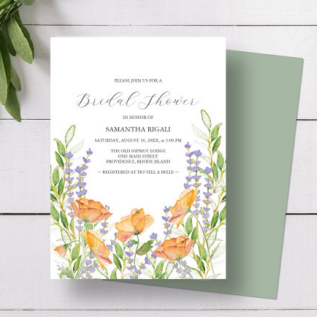 Elegant WildblomInbjudningskort för möhippa (Bridal shower invitations feature watercolor wildflowers by Victoria Grigaliunas of Do Tell A Belle)