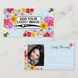 Elegant WildblomLight Teal med Logotyp och foto Visitkort