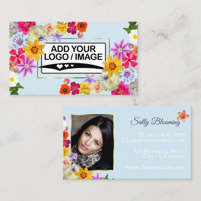 Elegant WildblomLight Teal med Logotyp och foto Visitkort (Fram/baksida)