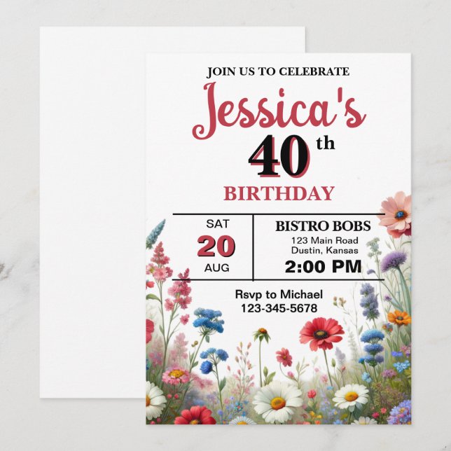Elegant Wildblomma, alla ålders Födelsedagsfester Inbjudningar (Fram/baksida)
