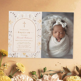 Elegant Wildblomma Baptism/Christening Photo Inbjudningar