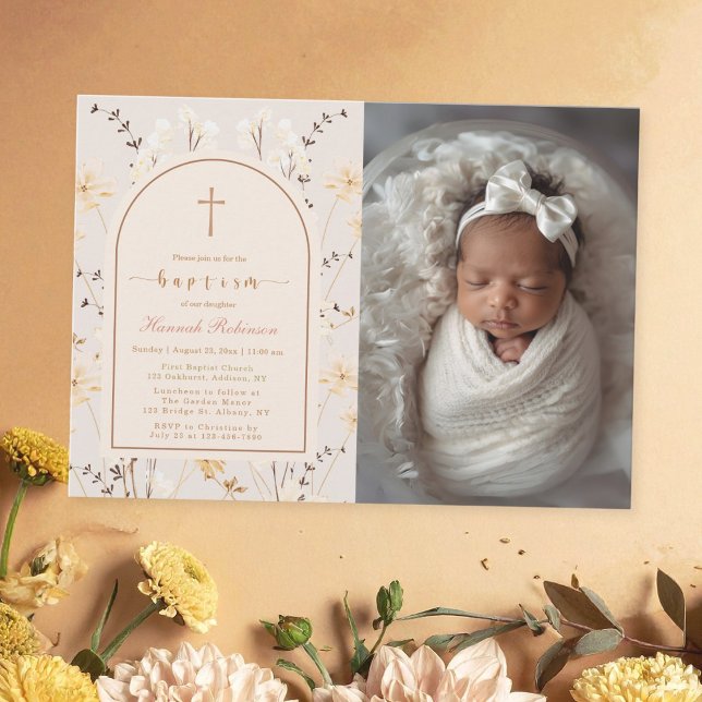 Elegant Wildblomma Baptism/Christening Photo Inbjudningar (Skapare uppladdad)