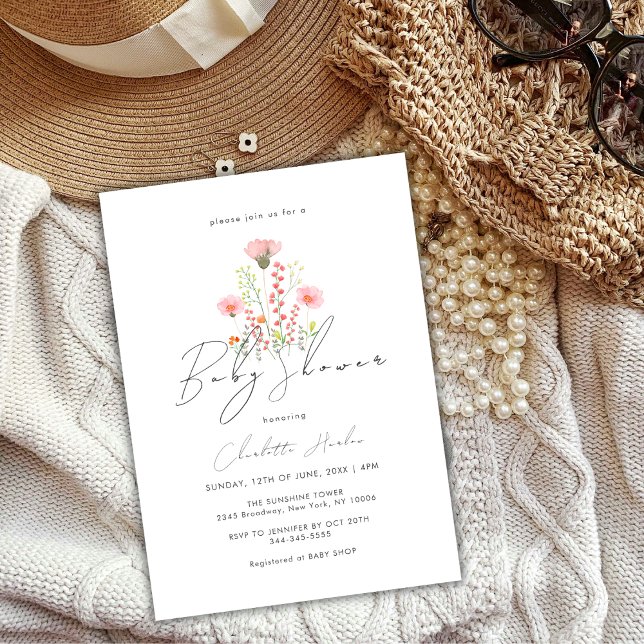 Elegant Wildblomma Blommigt Calligraphy Baby Showe Inbjudningar (Elegant Wildflower Floral Calligraphy Baby Shower Invitation)