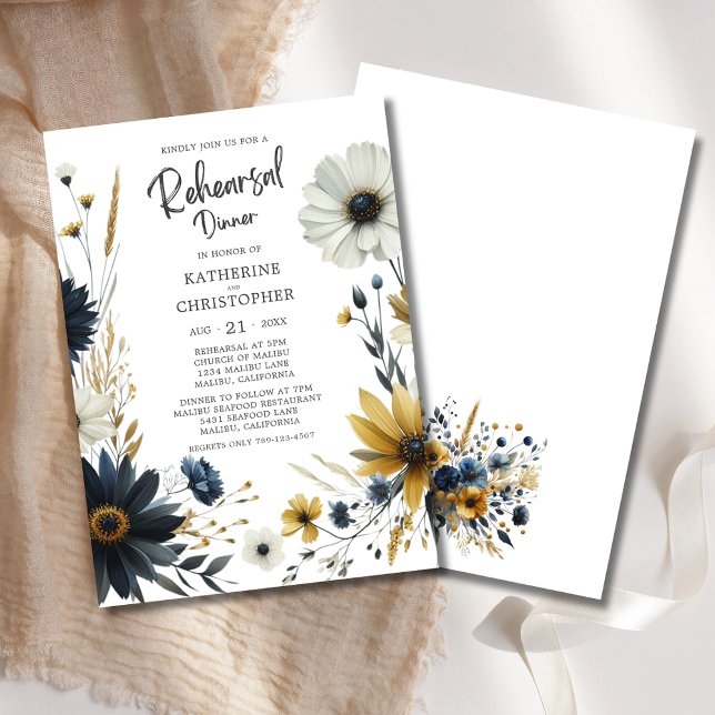 Elegant Wildblomma Bröllop Rehearsal Middag Inbjudningar (Elegant Watercolor Wildflowers Rehearsal Dinner Invitation with blue and yellow wildflowers.)