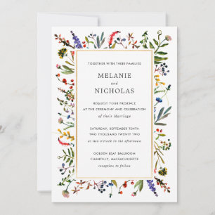 Elegant Wildblomma + Guld Bröllop vit rygg Inbjudningar