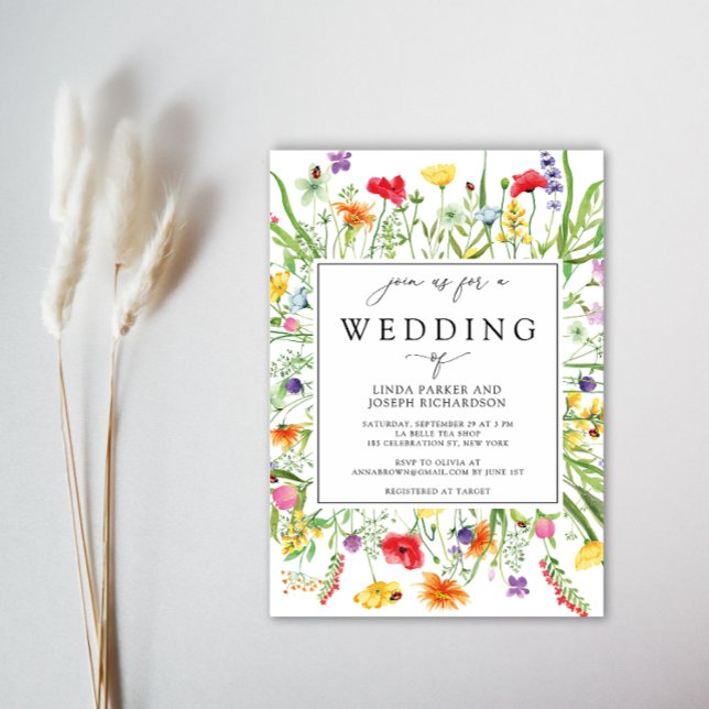 Elegant Wildblomma Ram Calligraphy Bröllop Inbjudningar (Skapare uppladdad)