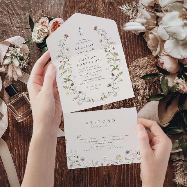 Elegant Wildblomma Rustic Boho Bröllop monogram (Elegant Wildflower Rustic Boho Wedding monogram All In One Invitation)