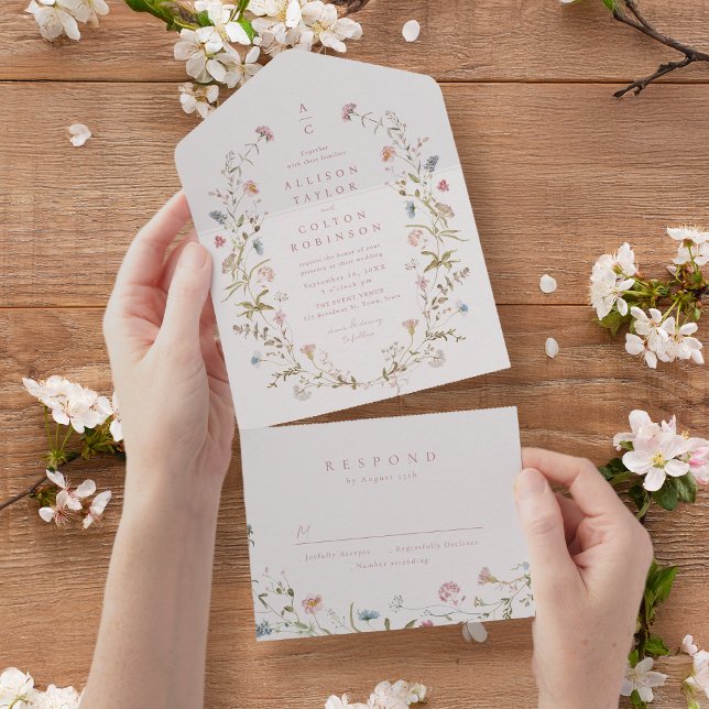 Elegant Wildblomma Rustic Boho Bröllop monogram (Elegant Wildflower Rustic Boho Wedding monogram All In One Invitation)