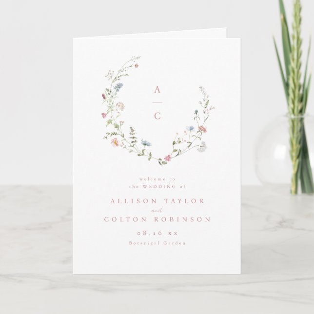 Elegant Wildblomma Rustic Boho Bröllop Monogram Program (Framsida)