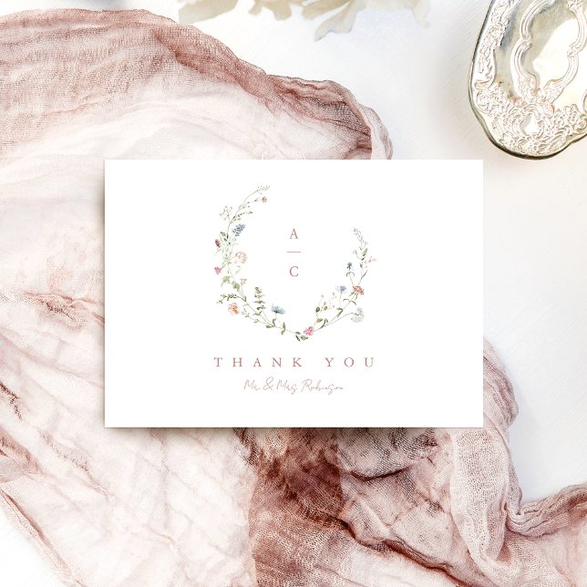 Elegant Wildblomma Rustic Boho Bröllop monogram Tack Kort (Elegant Wildflower Rustic Boho Wedding monogram Thank You Card)