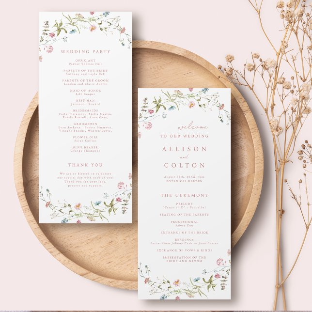 Elegant Wildblomma Rustic Boho Bröllopsprogram Program (Pink Elegant Wildflower Rustic Boho Wedding Program)