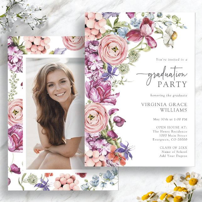 Elegant Wildblomma Studentfest Inbjudningar (Elegant Wildflower Graduation Party Invitation with Picture by Painted Paperie
)