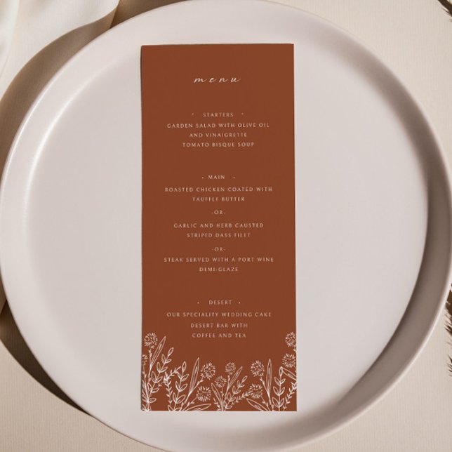 Elegant Wildblomma Terracotta Bröllop Dinner Menu Meny (Skapare uppladdad)