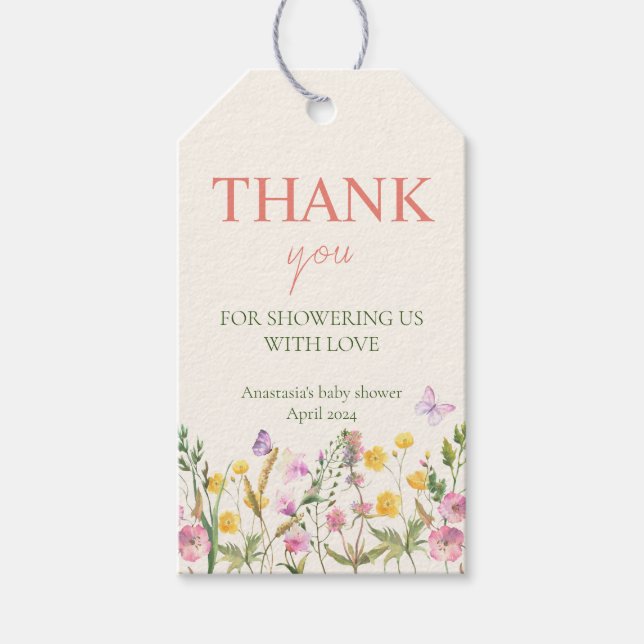Elegant Wildblomma Vår Baby Shower Tack Presentetikett (Framsidan)