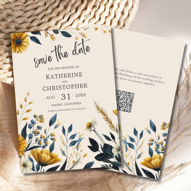 Elegant WildblommBeige Bröllop Spara Datumet (Watercolor Wildflowers Elegant Beige Save the Date Card with Blue & Yellow Wildflowers, QR Code.)