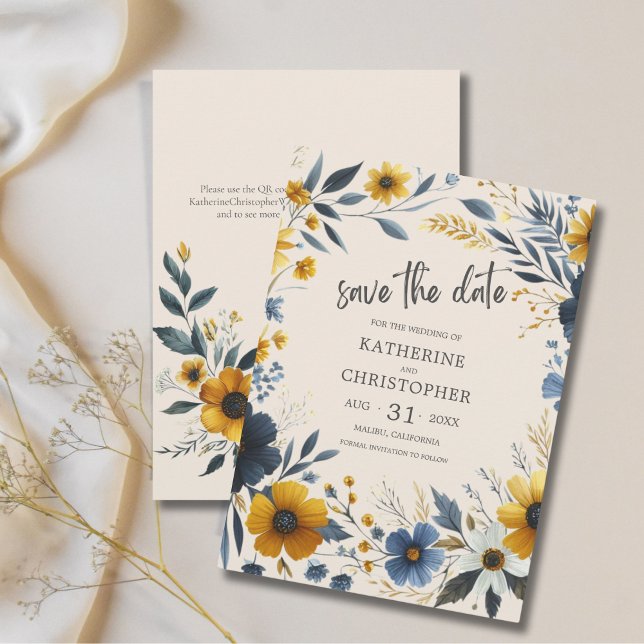 Elegant WildblommBeige Bröllop Spara Datumet (Watercolor Wildflowers Beige Wedding Save the Date with Blue and Yellow wildflowers, QR Code.)