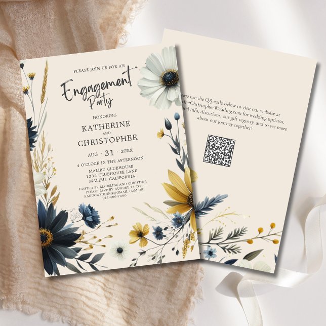 Elegant WildblommBeige Förlovningsfest Inbjudningar (Watercolor Wildflowers Engagement Party Invitation with Blue & Yellow Wildflowers, modern typography)