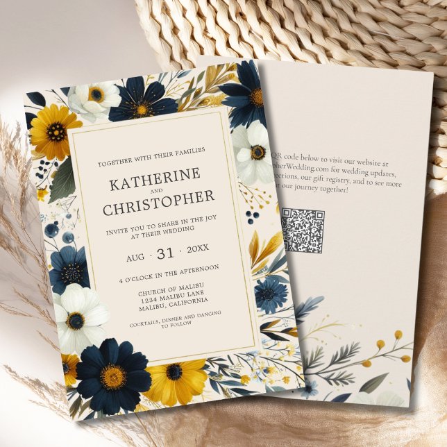 Elegant WildblommBeige Watercolor Bröllop Inbjudningar (Watercolor Floral Elegant Beige Wedding Invitation with Blue and Yellow Wildflowers, QR Code.)