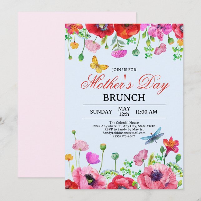 Elegant WildblommBlue Chic Mors dag Brunch Inbjudningar (Fram/baksida)