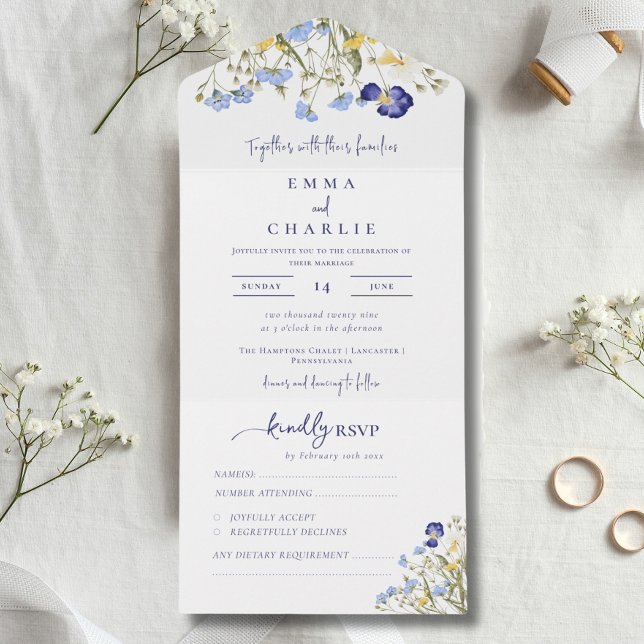 Elegant WildblommCalligraphy Rustic Bröllop (Elegant Wildflowers Calligraphy Rustic Wedding All In One Invitation)