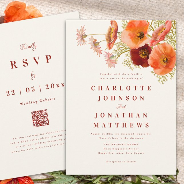Elegant Wildblomme Fall Wedding Inbjudningar (Elegant wildflower fall wedding invitation burnt orange script and website qr code)