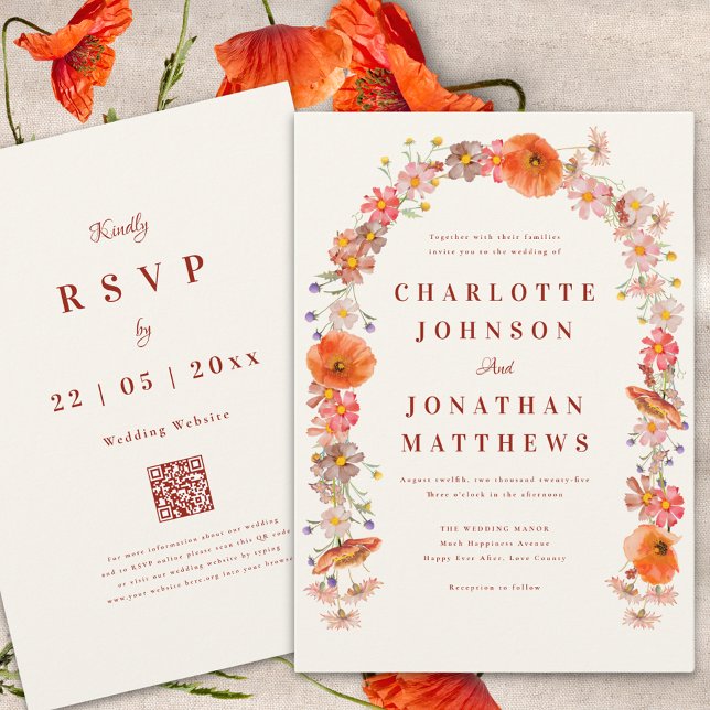 Elegant Wildblomme Fall Wedding Inbjudningar (Boho wildflower arch fall wedding invitation burnt orange elegant script and wedding website qr code)