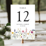Elegant Wildblomme Meadow Bröllop Bordsnummer<br><div class="desc">Elegant blommigt bröllop bordsnummer-kort med vattenfärgade vilda blommor och löv i nyanser av rosa, gult, lila, blått och grönt som gränsar till grund i formgivningen. Utformningen upprepas på baksidan. De rustiska bläckfiskkorten bröllop bord är perfekt för vår och sommartid i bröllop. Så här beställer du korten för bord: lägg till...</div>