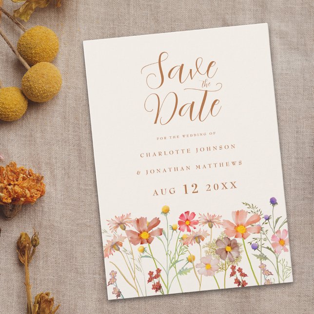 Elegant Wildblomme Meadow Bröllop spara datum Spara Datumet (Boho chic Wildflower meadow Wedding save the date invitation watercolor florals fall colors)
