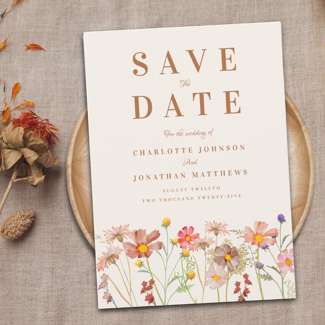 Elegant Wildblomme Meadow Bröllop Spara Datumet (Elegant Wildflower fall Wedding save the date invitation with autumn watercolor florals burnt orange)