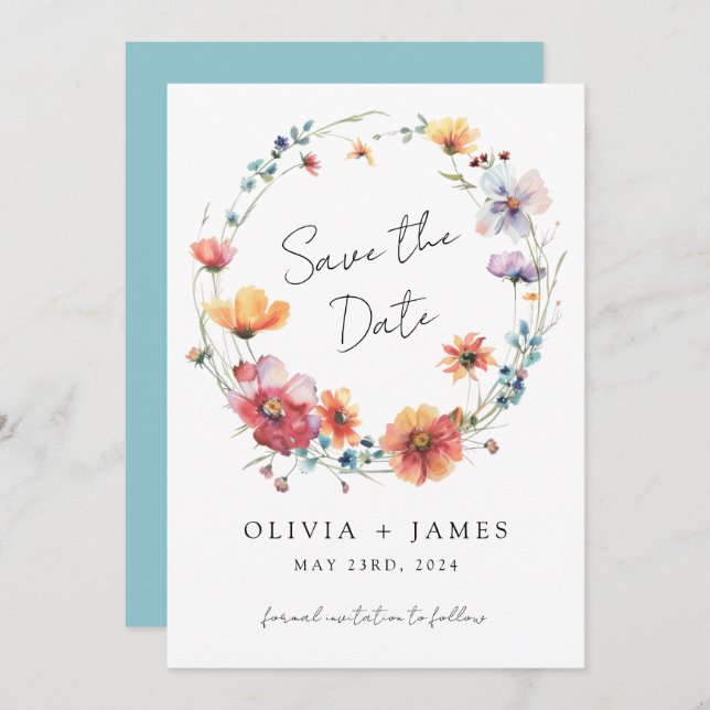 Elegant Wildblomme Wandesommaren Bröllop Spara Datumet (Fram/baksida)