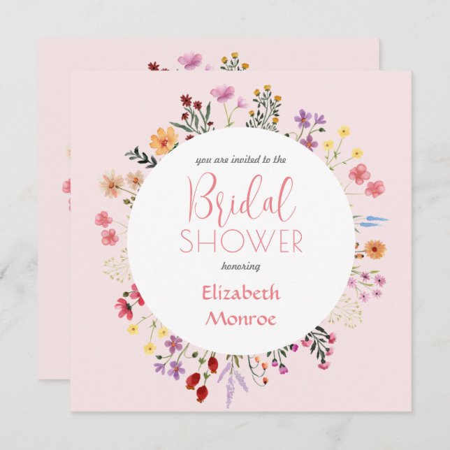 Elegant Wildblommes Blommigt Rosa Möhippa Inbjudningar (Fram/baksida)