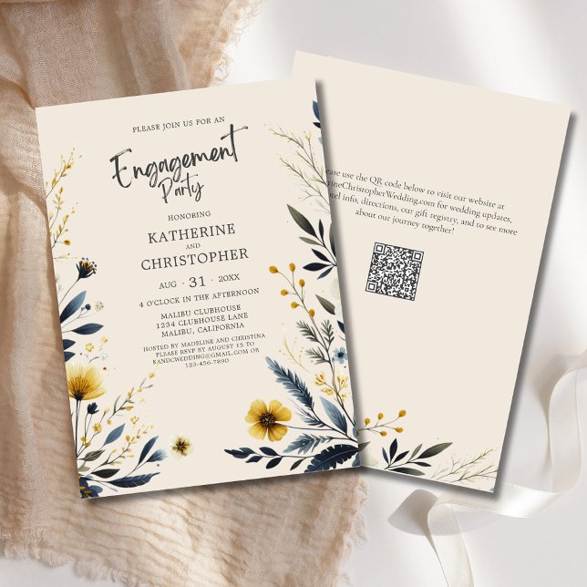 Elegant WildblommFörlovningsfest Beige Inbjudningar (Elegant Wildflowers Engagement Party Invitation with Blue and Yellow Watercolor Wildflowers, QR Code)
