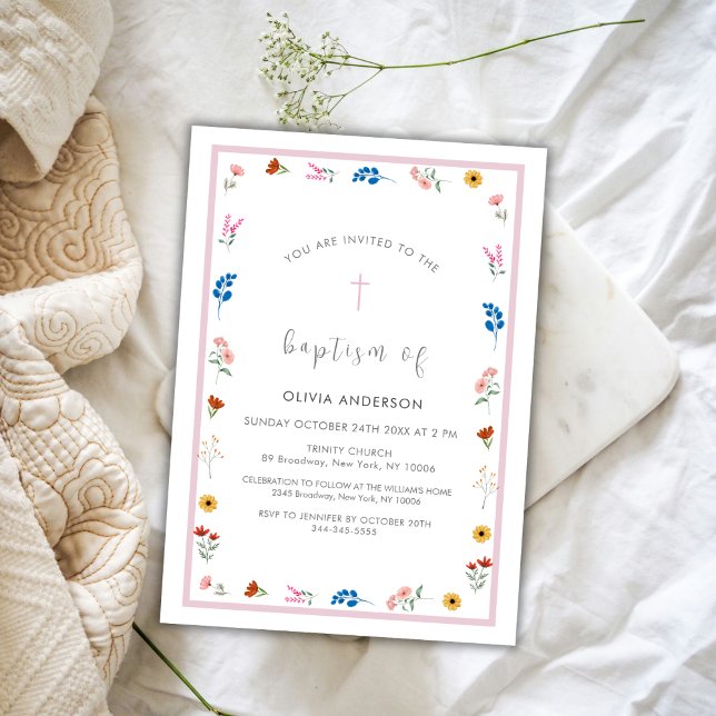 Elegant WildblommGirl Christening Baptism Inbjudningar (Elegant Wildflower Girl Christening Baptism Invitation)