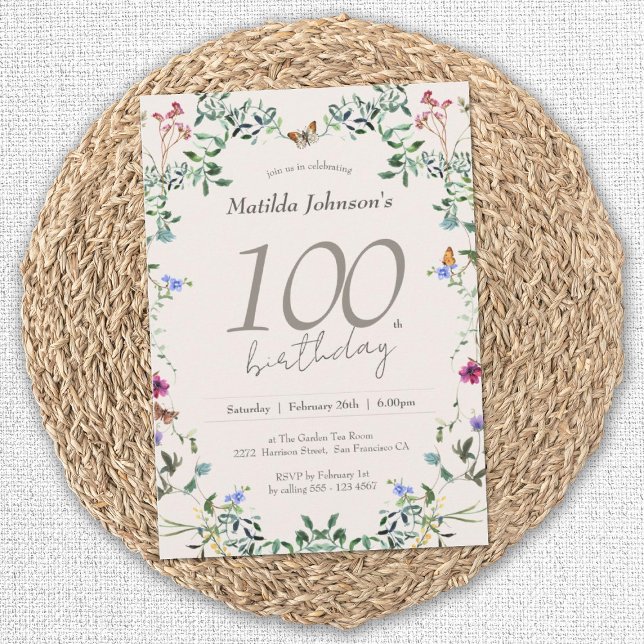 Elegant Wildblommor Blommigt 100:e Födelsedagsfest Inbjudningar (Elegant 100th Birthday Wildflowers Floral Invitation)
