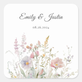 Elegant Wildblommor Blommigt Watercolor Weddin Fyrkantigt Klistermärke