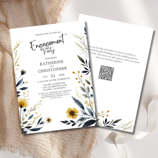Elegant Wildblommor Förlovningsfest Inbjudningar (Elegant Wildflowers Wedding Engagement Party Invitation with Watercolor Flowers in  Blue and Yellow.)