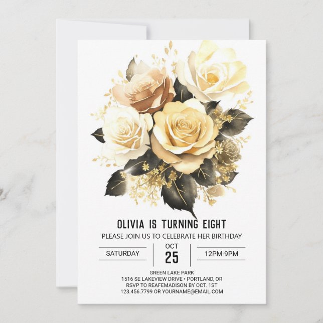 Elegant Wildblommor Guld och Black Birthday Inbjudningar (Framsida)